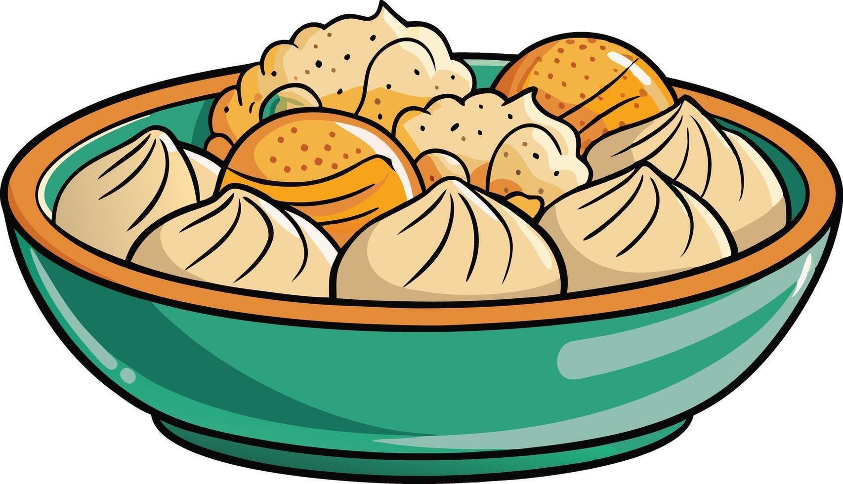 Artistic depiction of steamed dumplings in a traditional bowl, showcasing detailed textures and variety of filling shapes vector
