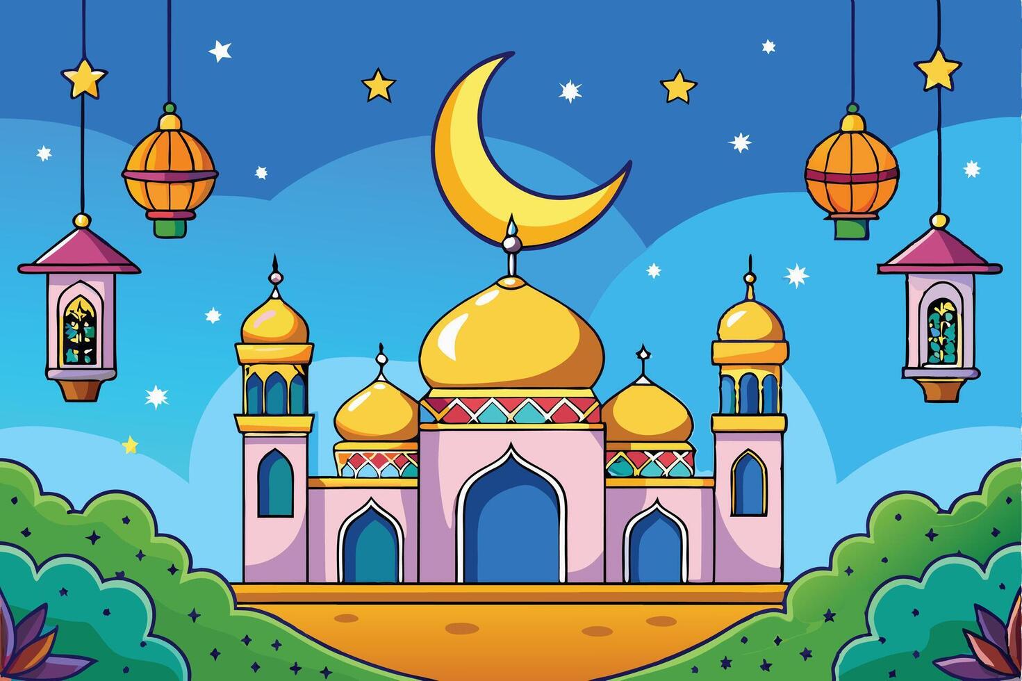 Illustrated Ramadan Islamic Background showcasing mosques, crescent moon, hanging lanterns, and greenery in a celebratory setting vector