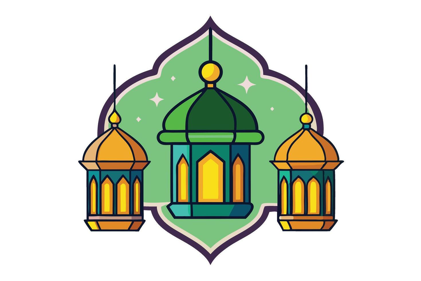 Illustration of green and gold Ramadan lanterns with mosque silhouette, featuring vibrant Islamic elements Ramadan Islamic elements vector