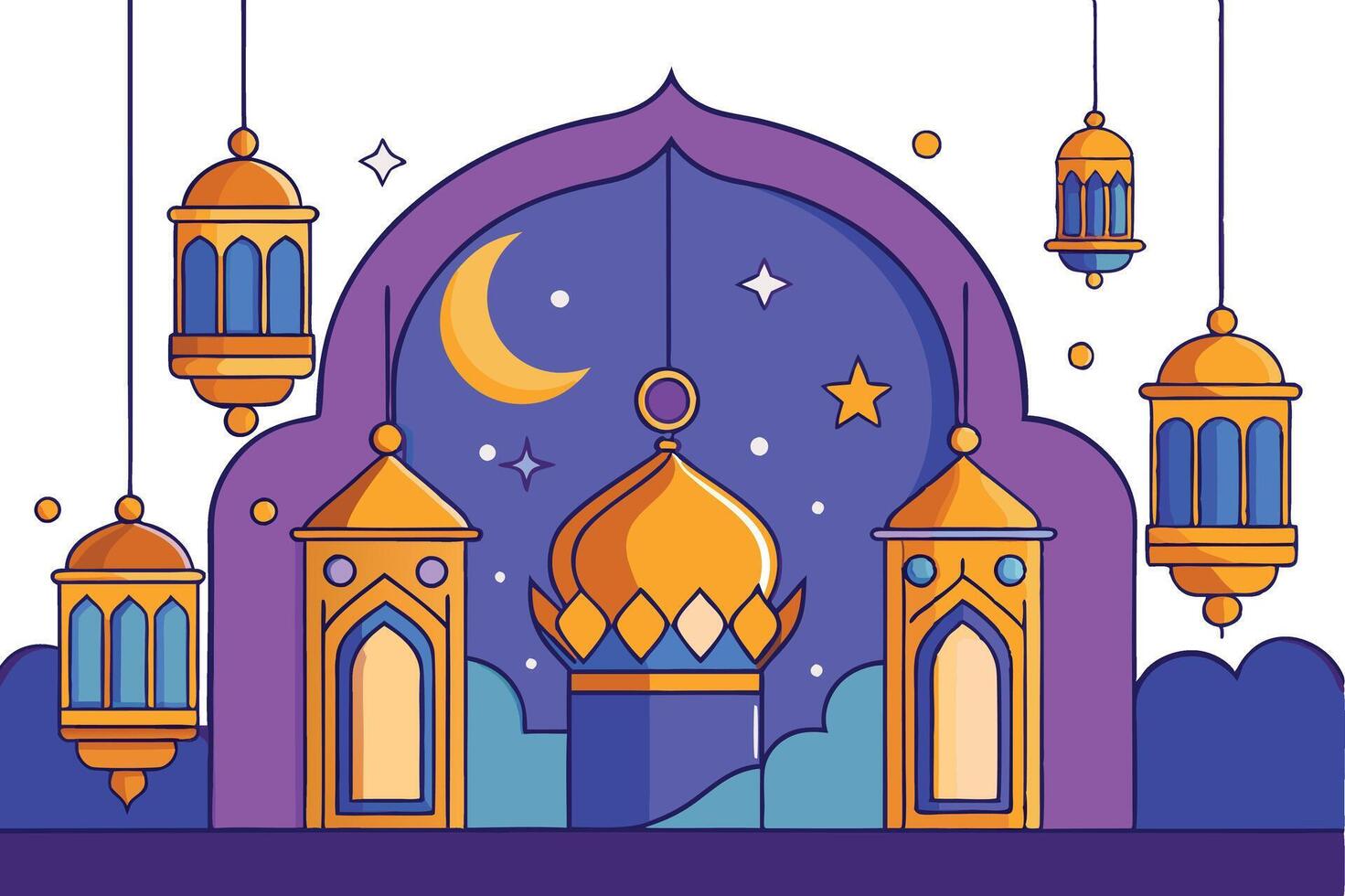 Ramadan Islamic Background with vibrant lanterns, crescent moon, stars, and elegant mosque design in a colorful cartoon style illustration vector