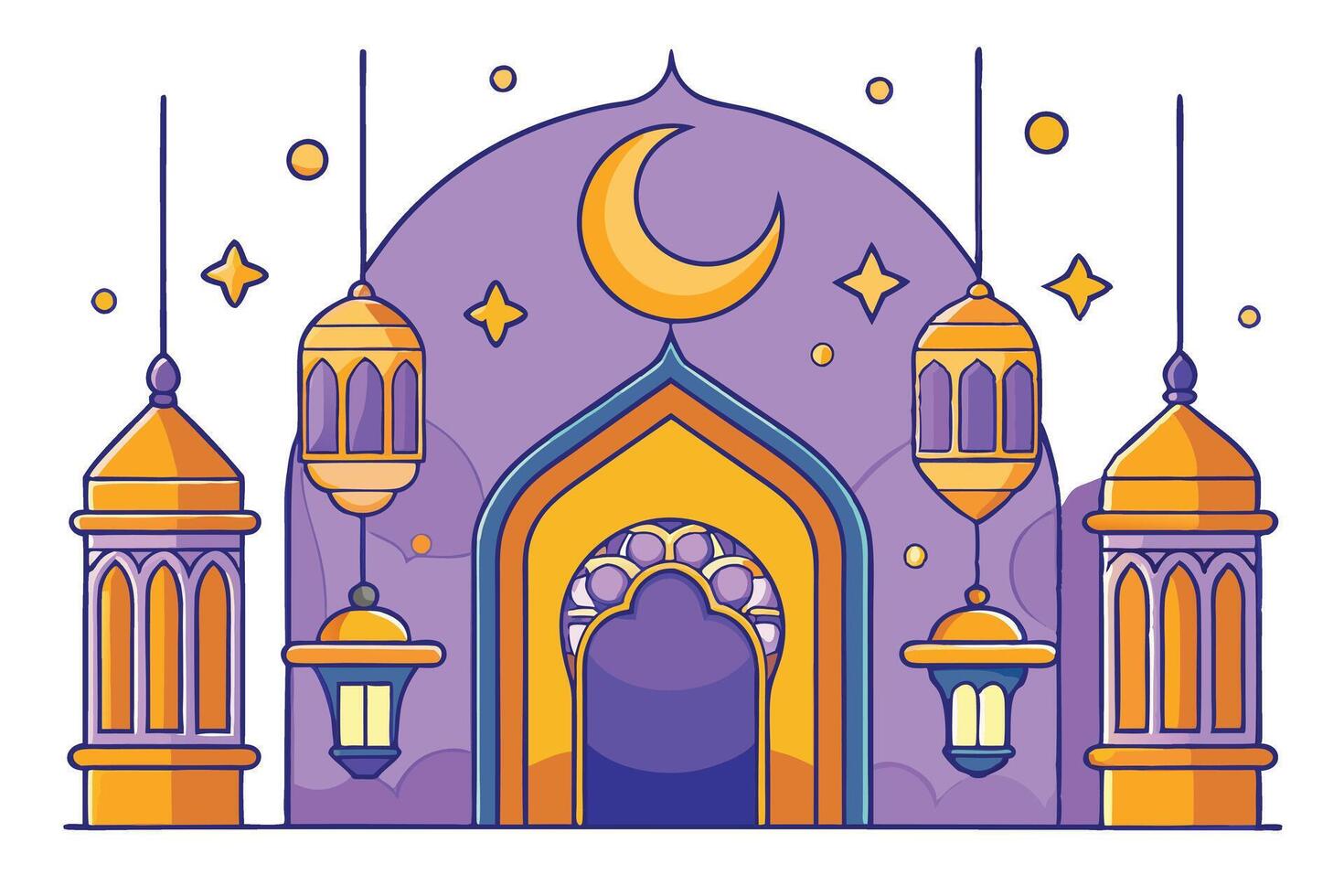 Ramadan Islamic Background featuring a traditional mosque, hanging lanterns, and decorative Islamic patterns in a vibrant artistic style vector
