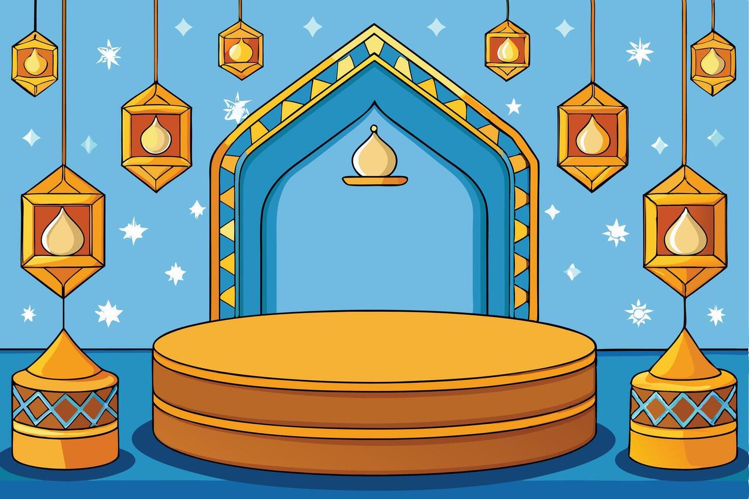 Decorative Islamic Ramadan Background featuring mosques, crescent moon, lanterns, and podium for traditional festive themes vector