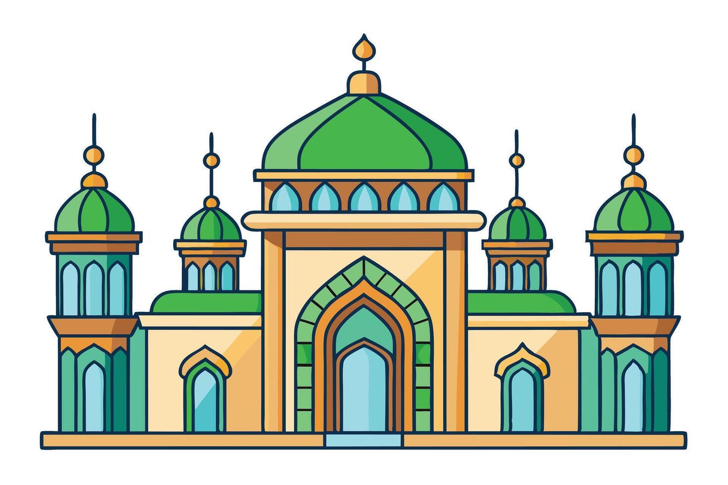 Ramadan Islamic elements with a beautifully designed green mosque, arches, and vibrant decorative details for cultural celebrations vector
