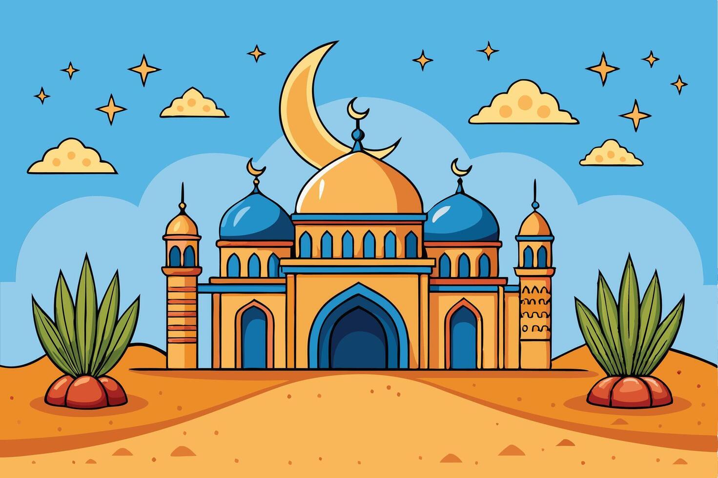 Charming Ramadan Islamic elements featuring desert mosque, crescent moon, and serene sky illustration vector