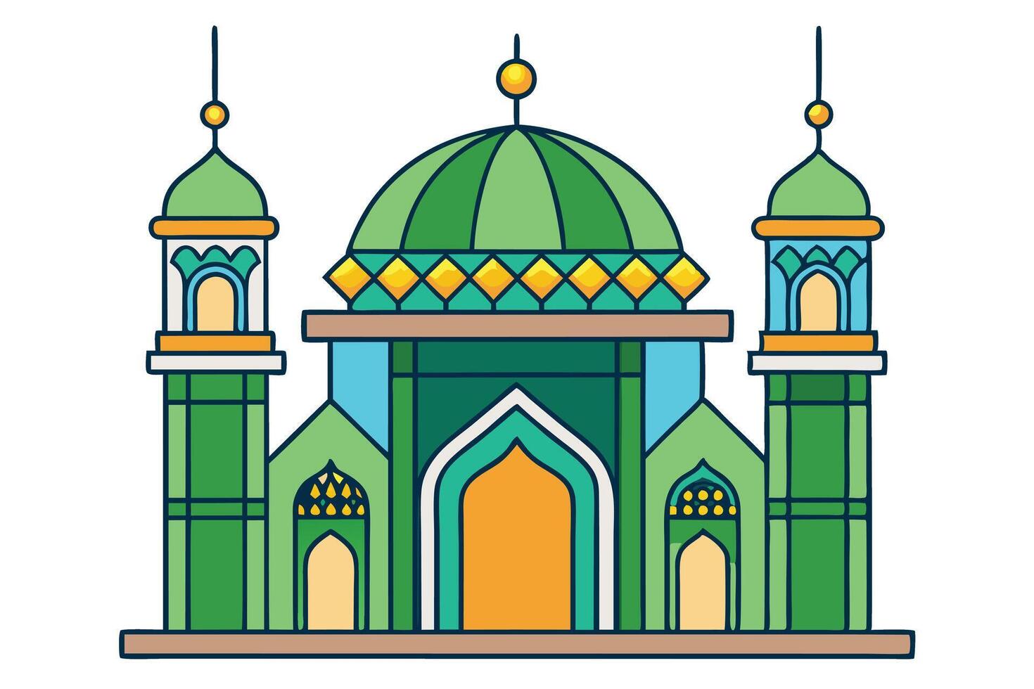 Ramadan Islamic elements showcasing a traditional mosque with green themed architecture, domes, and intricate details vector
