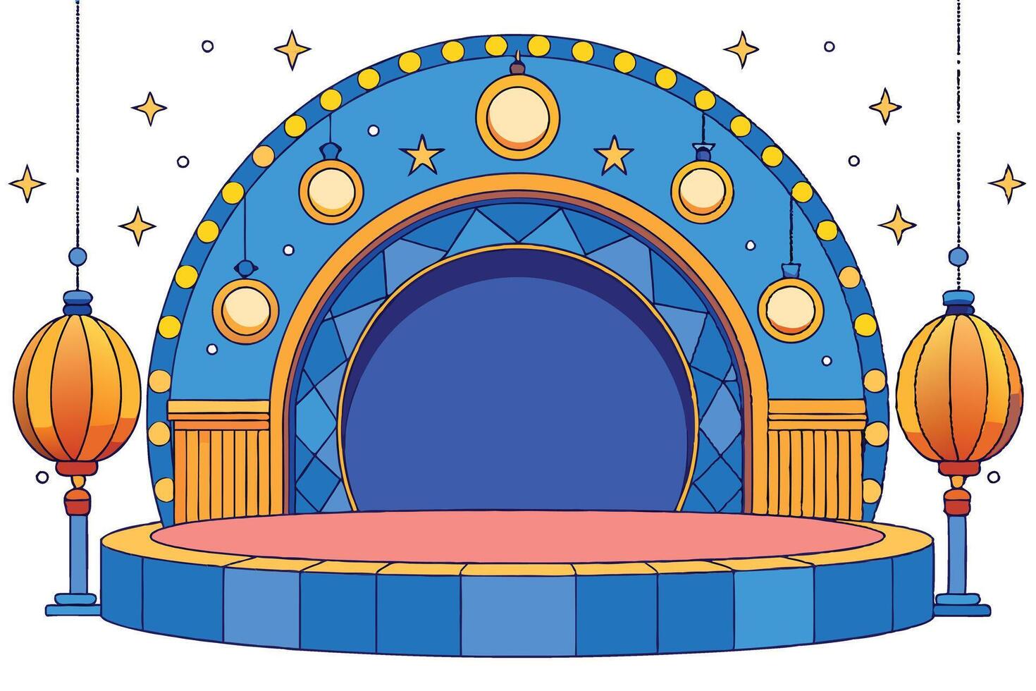 Ramadan Islamic Background featuring vibrant cartoon style stage design, traditional lanterns, and decorative star elements vector