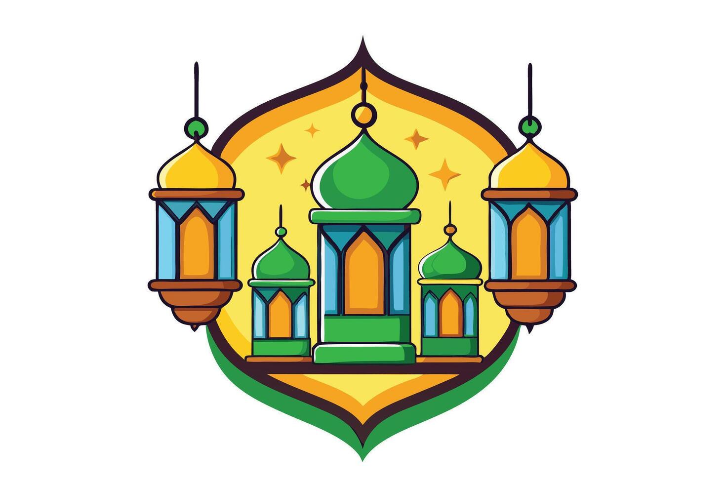 Beautiful decorative green Ramadan lanterns and mosque backdrop in Islamic art style Ramadan Islamic elements vector