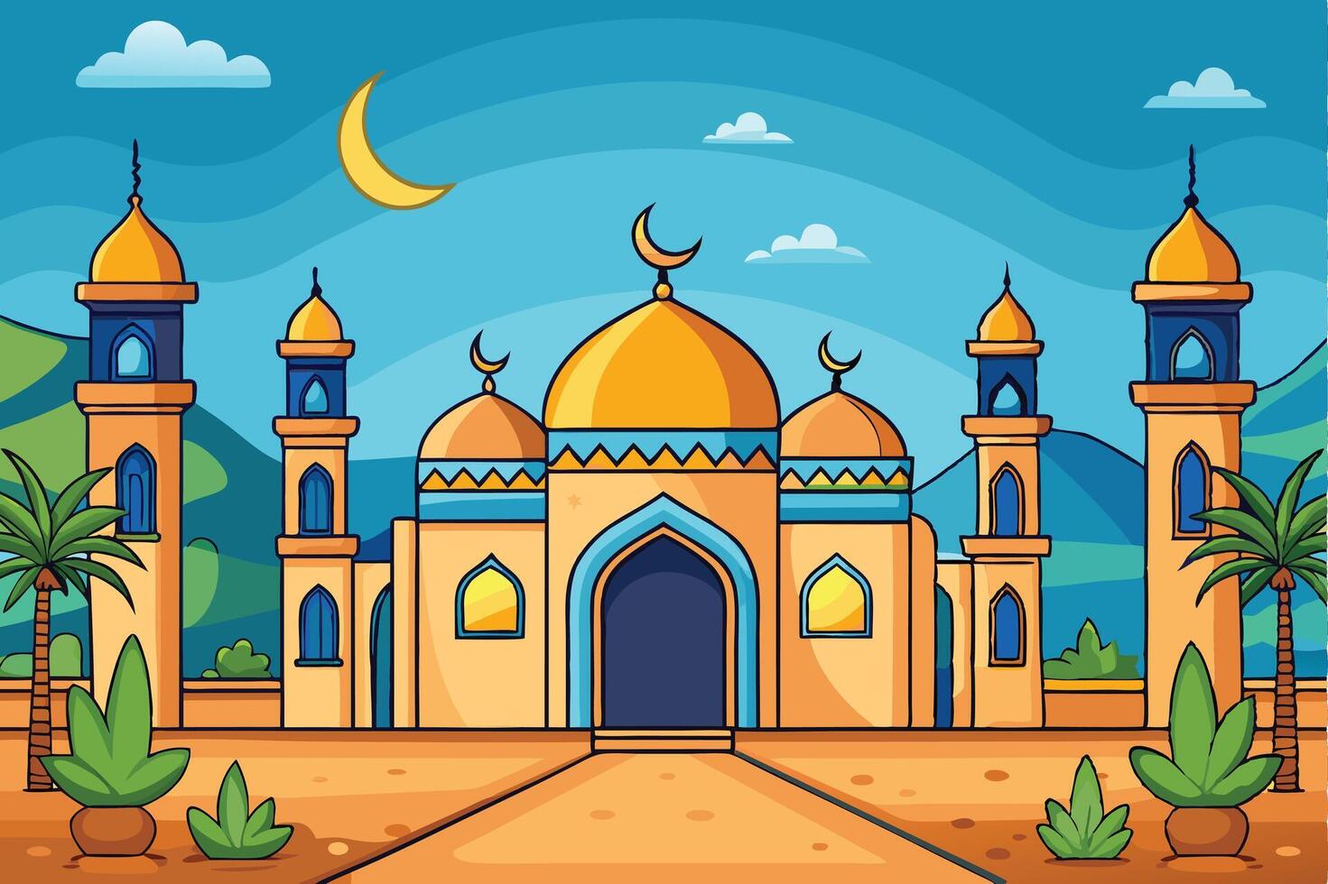 Vibrant Ramadan Islamic Background featuring mosque domes, palm trees, lanterns, and crescent moon under a starry blue sky vector