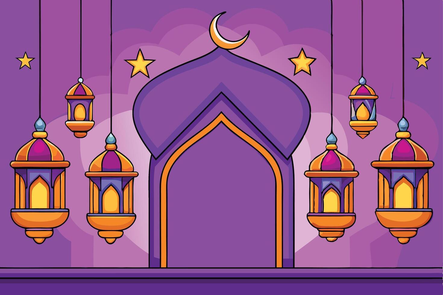 Elegant purple Ramadan themed illustration featuring hanging lanterns, crescent moon, and mosque dome elements for festive designs vector