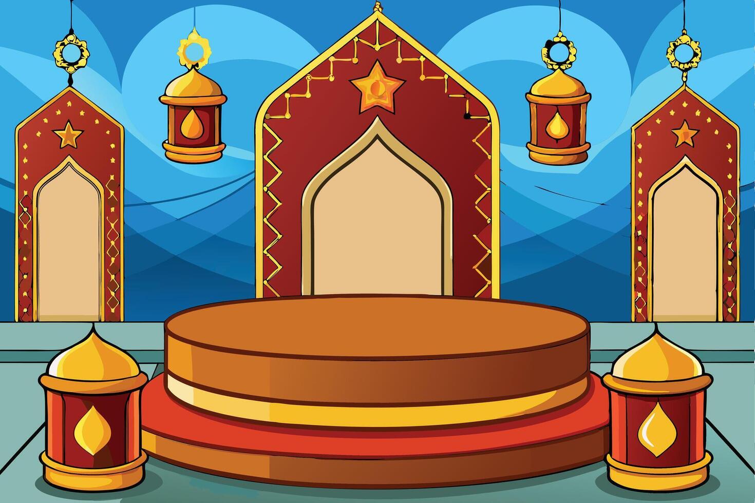 Ramadan Islamic Background showcasing a festive blue and gold stage, ornate lanterns, and intricate Islamic inspired decorative motifs vector