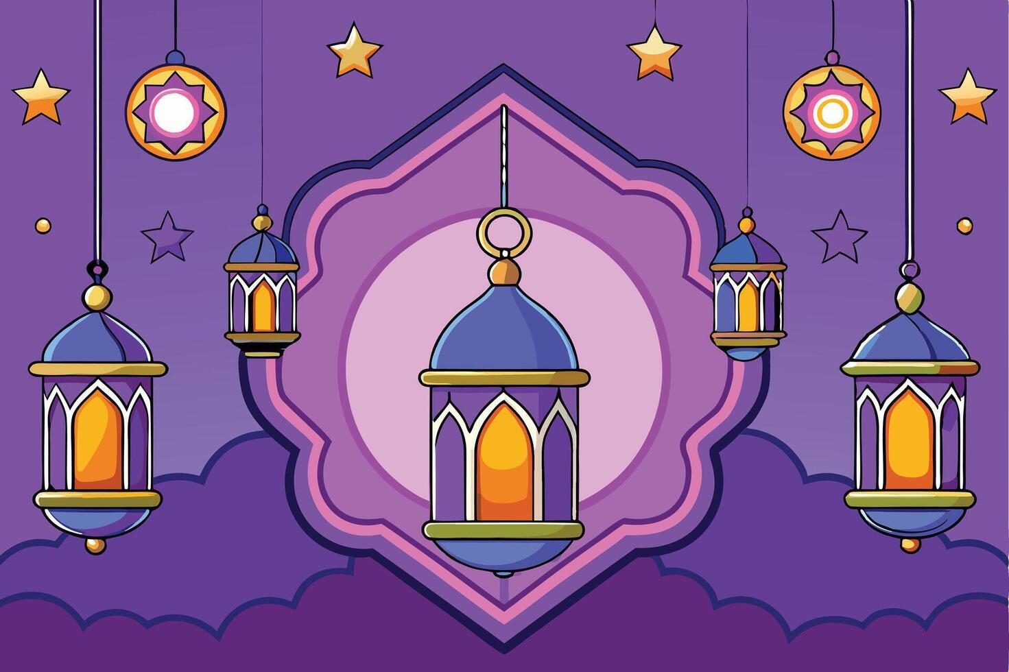 Decorative Ramadan Islamic background with purple tones, lantern ornaments, and stars creating a serene celebration atmosphere vector
