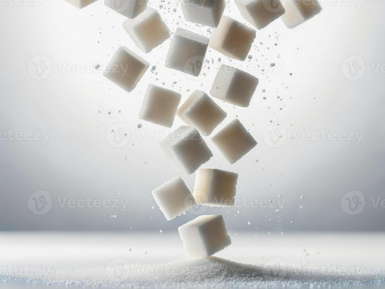 Falling sugar cubes create a dynamic display on a soft white surface against a blurred background photo