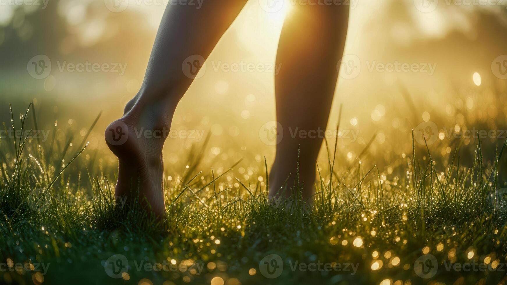 Barefoot walking in lush grass during sunset with golden light filtering through nature photo