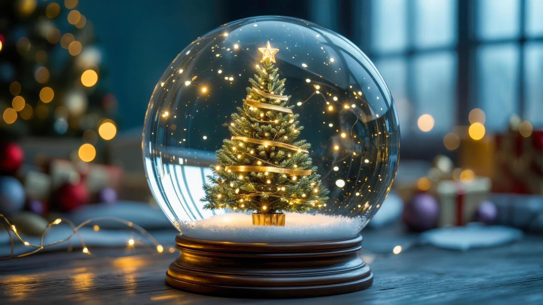 Beautiful Christmas snow globe with a decorated tree and warm glowing lights showcasing holiday spirit photo