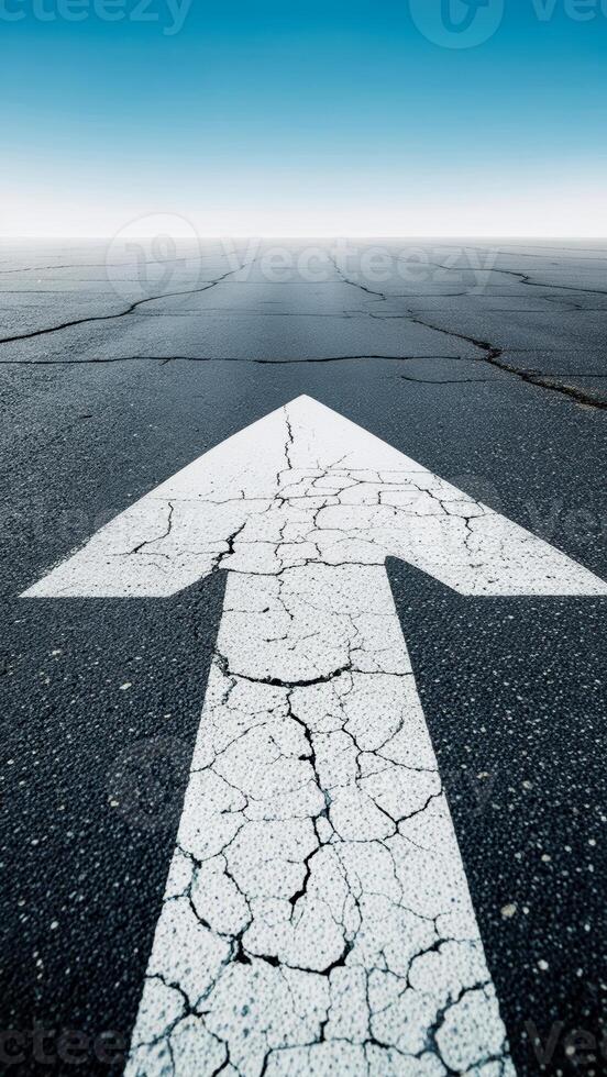 Cracked asphalt road with a bold white arrow pointing straight ahead in an empty horizon photo