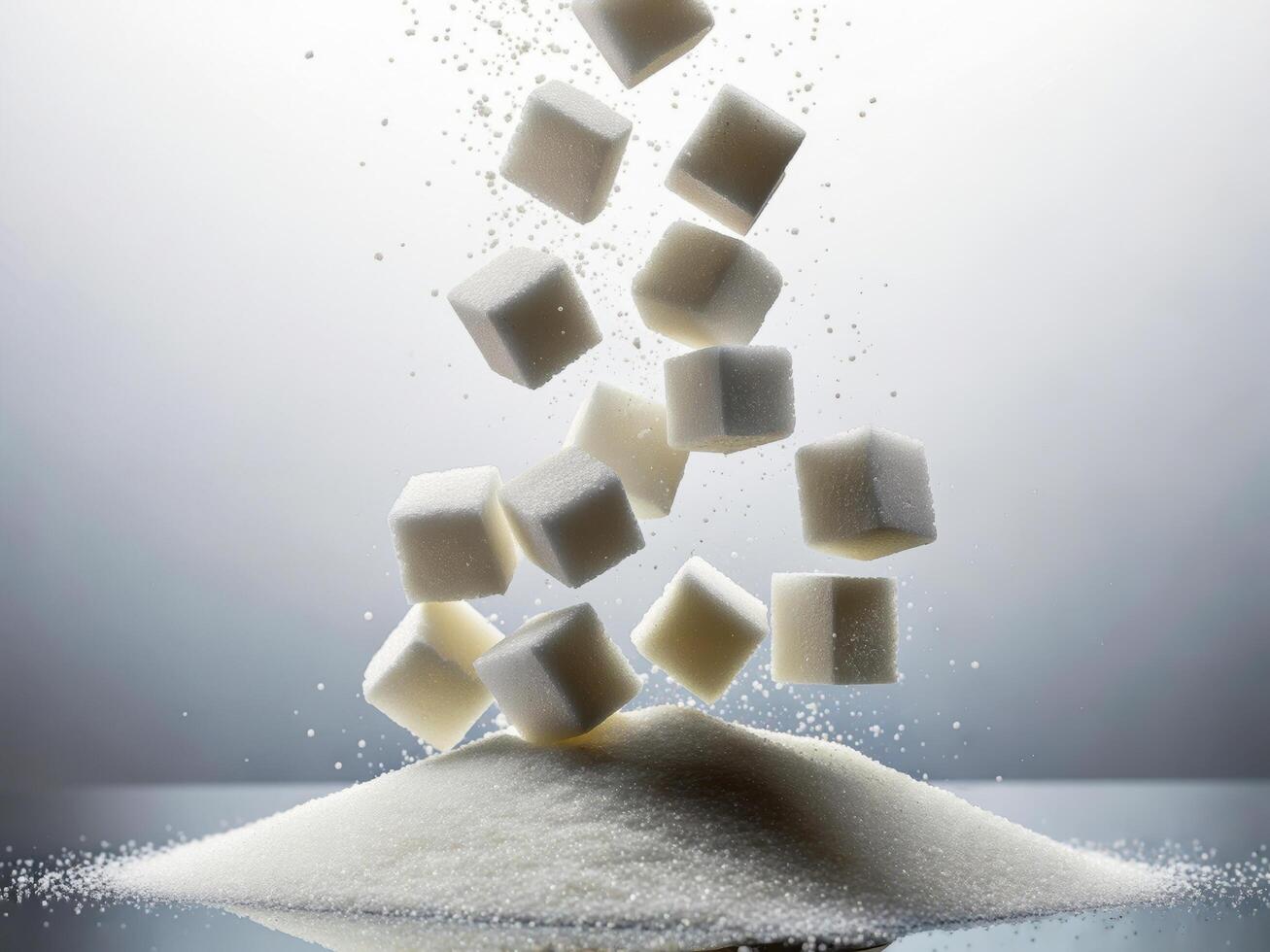Sugar cubes cascading from above creating a spiral formation on a heap of granulated sugar photo