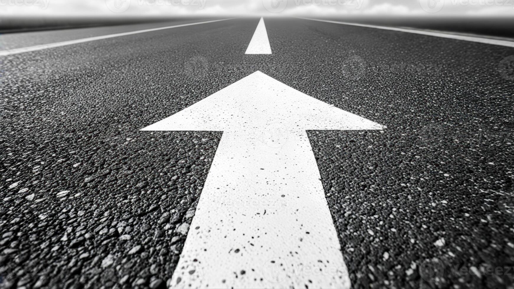 Straight asphalt road with white arrow marking indicating direction on a cloudy day photo