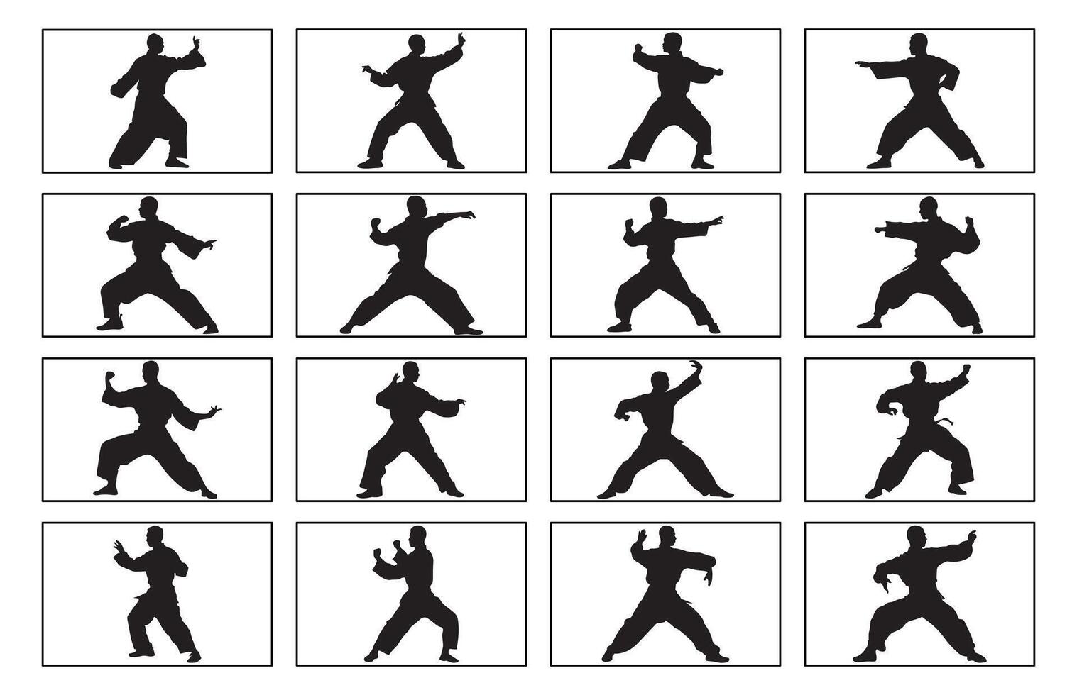 Set of kungfu wushu tai chi silhouettes, Tai Chi Chuan man silhouette vector