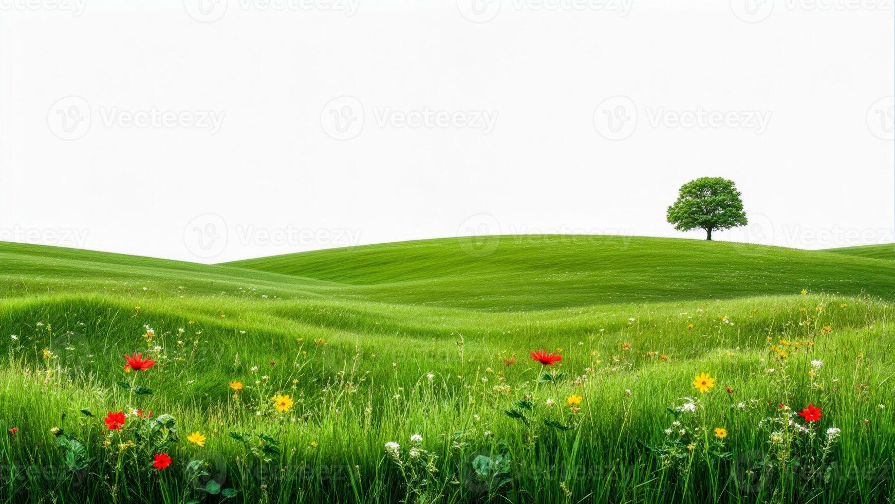 Lush green hills adorned with wildflowers and a solitary tree under a bright sky during daytime photo