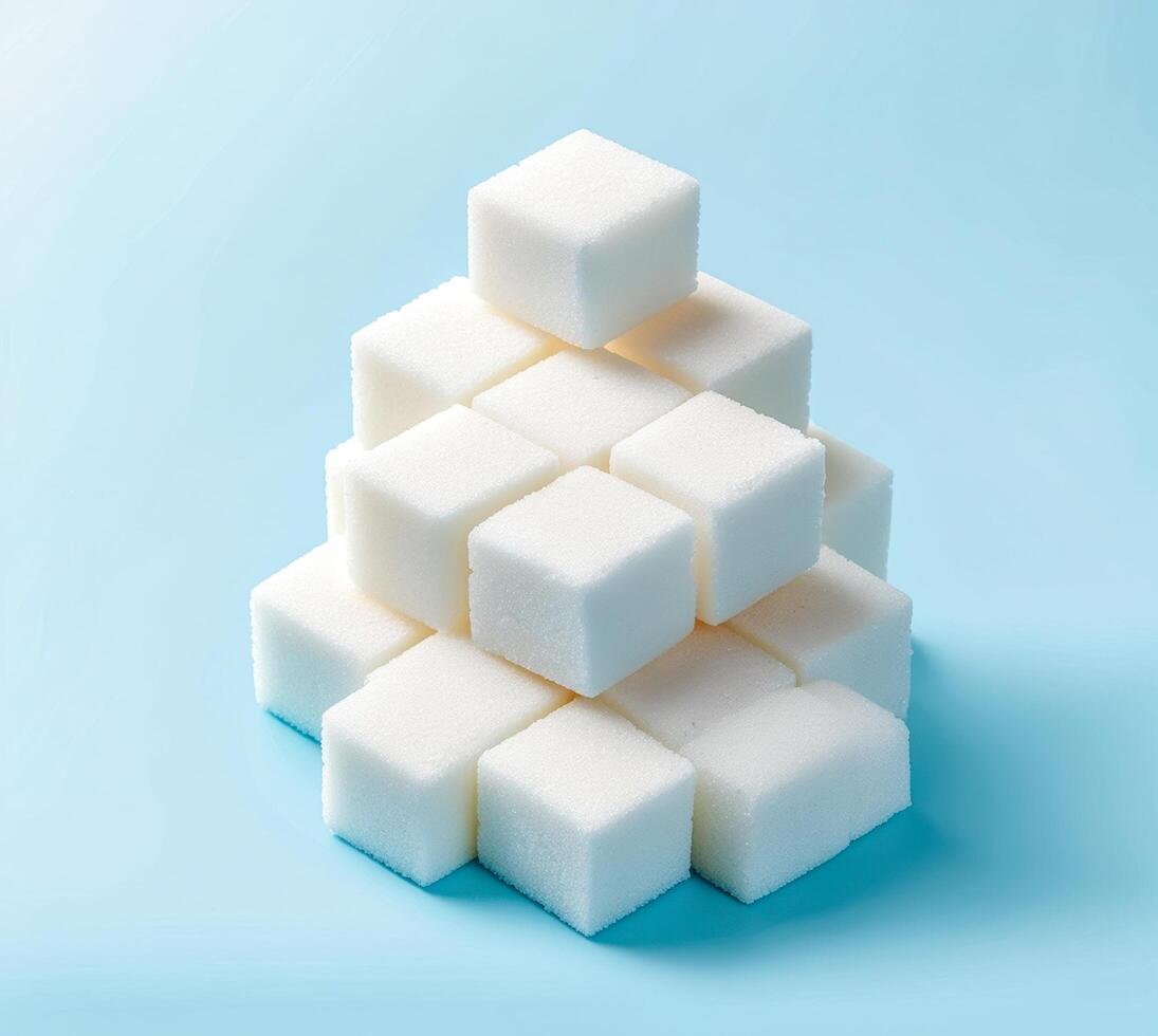 White sugar cubes arranged in a pyramid on a light blue background create a striking visual display showcasing simplicity and texture photo