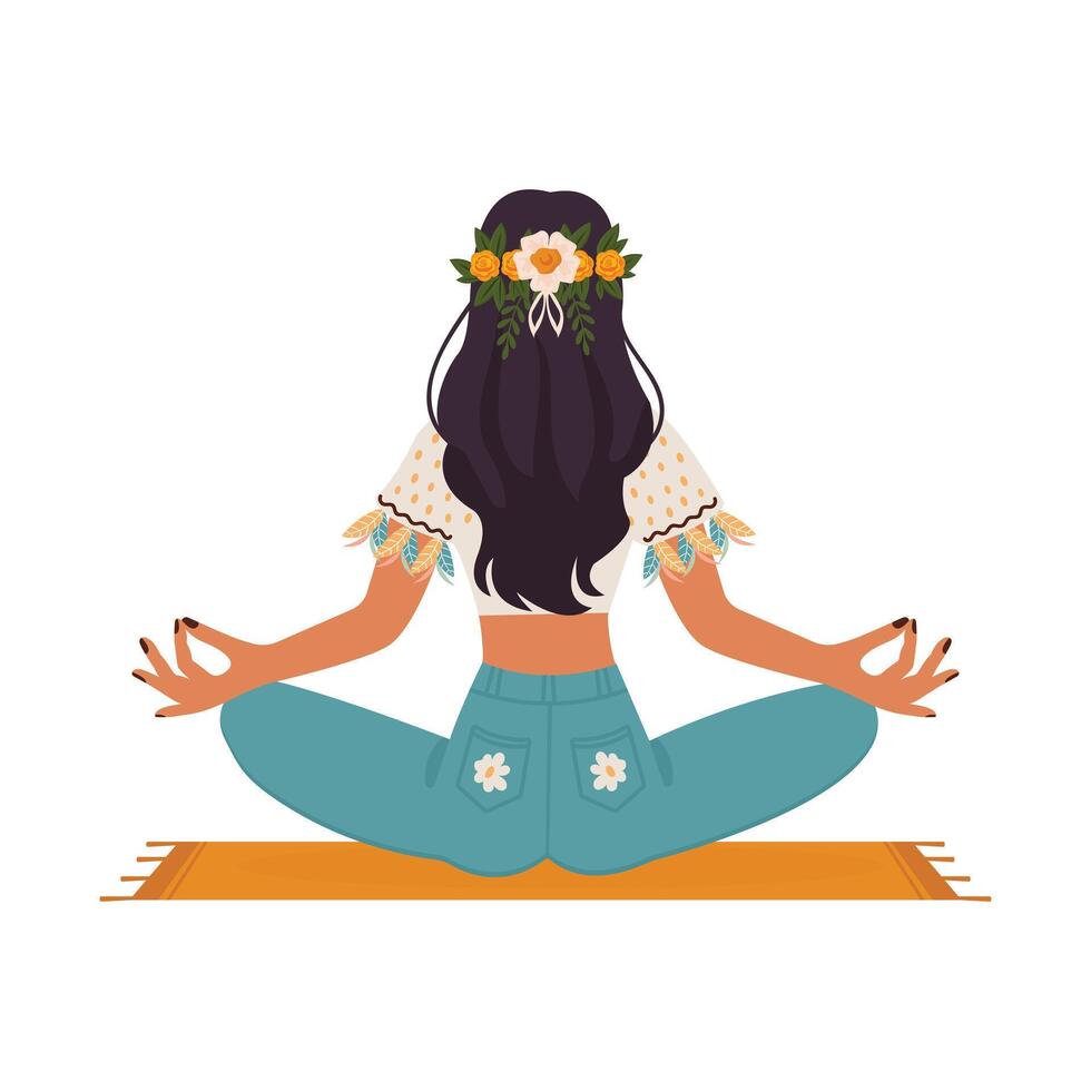girl in boho outfit in lotus position back view isolated on white background flat illustration vector