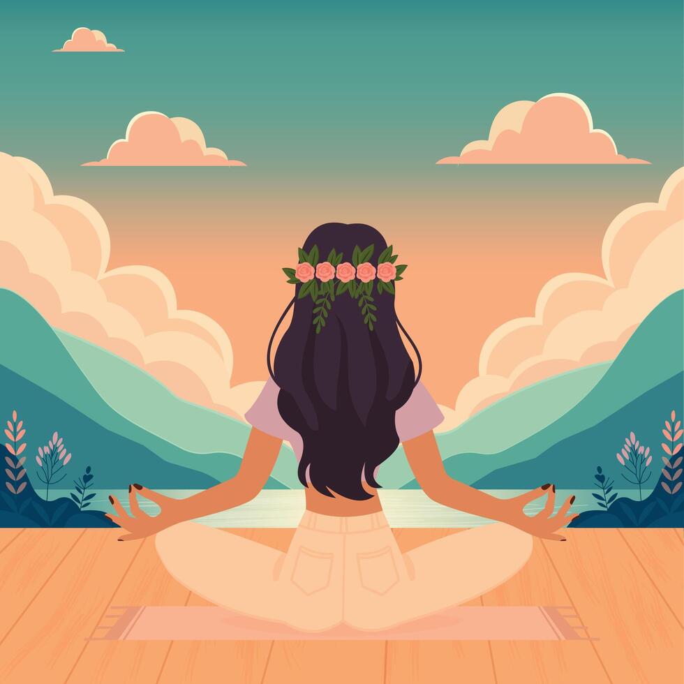 girl in lotus pose meditating on the background of mountains and lake flat illustration vector