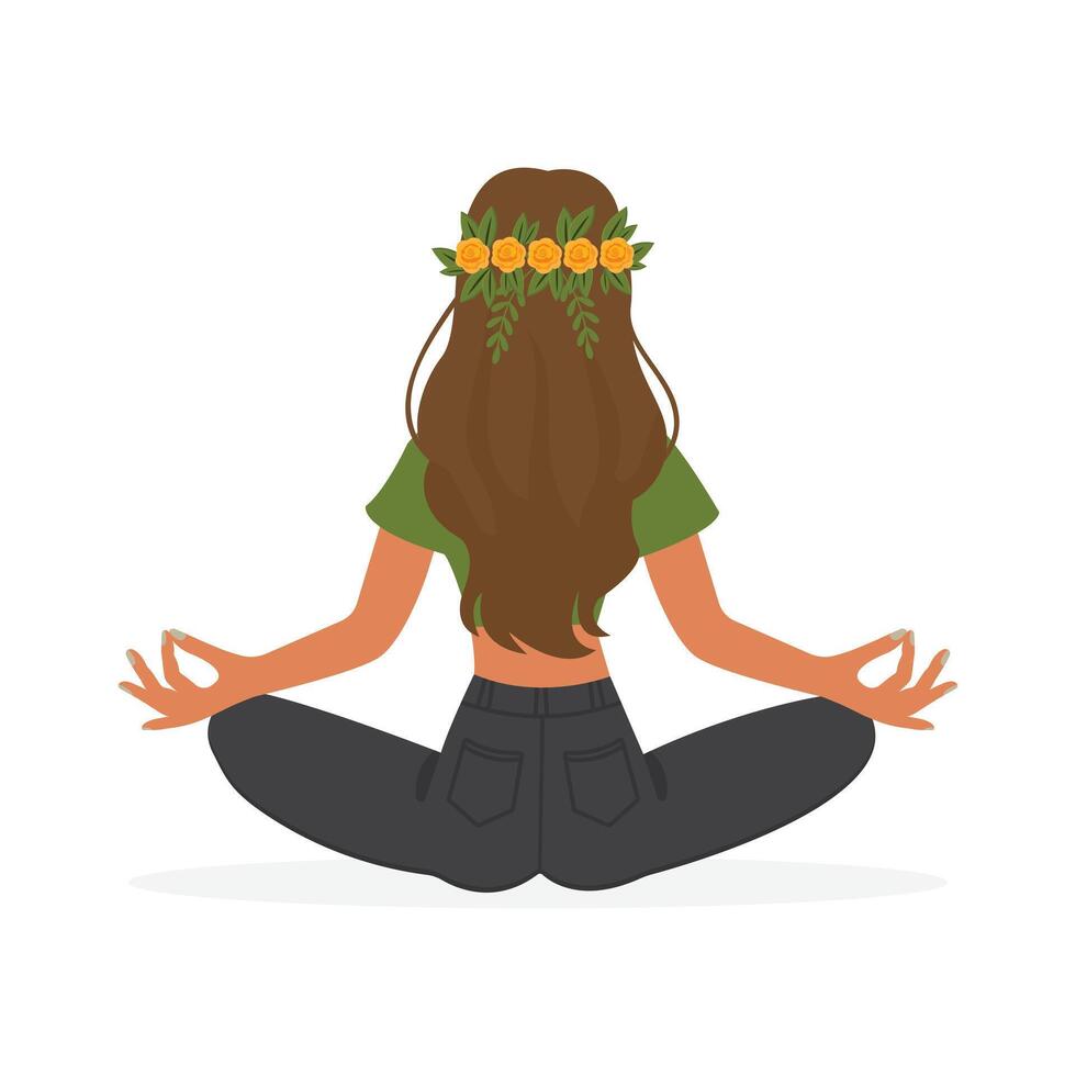 girl in lotus position in green top back view flat illustration isolated on white background vector