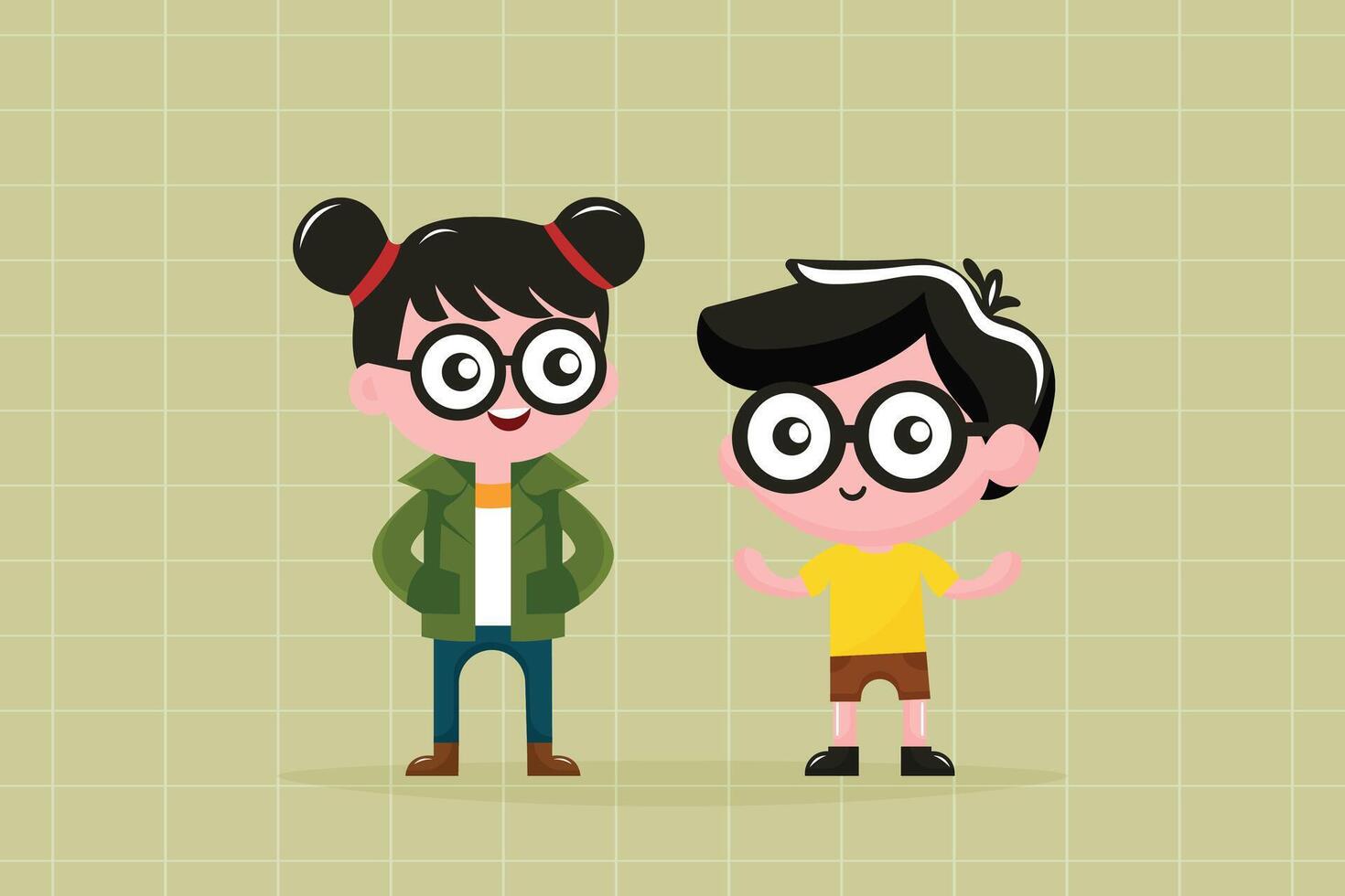 cartoon boy and girl characters with big glasses flat illustration vector