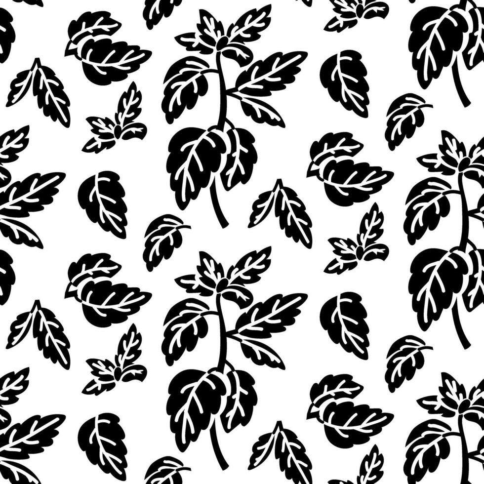 A pattern with basil sprigs. Culinary seasonings and spices, hand-drawn. repeating elements are branches and leaves. Black silhouette on a white. Seamless texture. Seasonings, spices, food additives vector