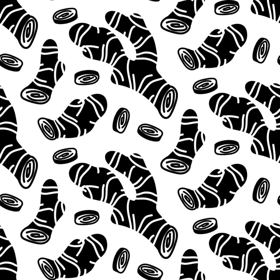 ginger root pattern, whole and pieces. Culinary seasonings and spices, hand-drawn. Seamless root. A repeating texture in black silhouette on a white background. Seasonings, spices, and food additives vector