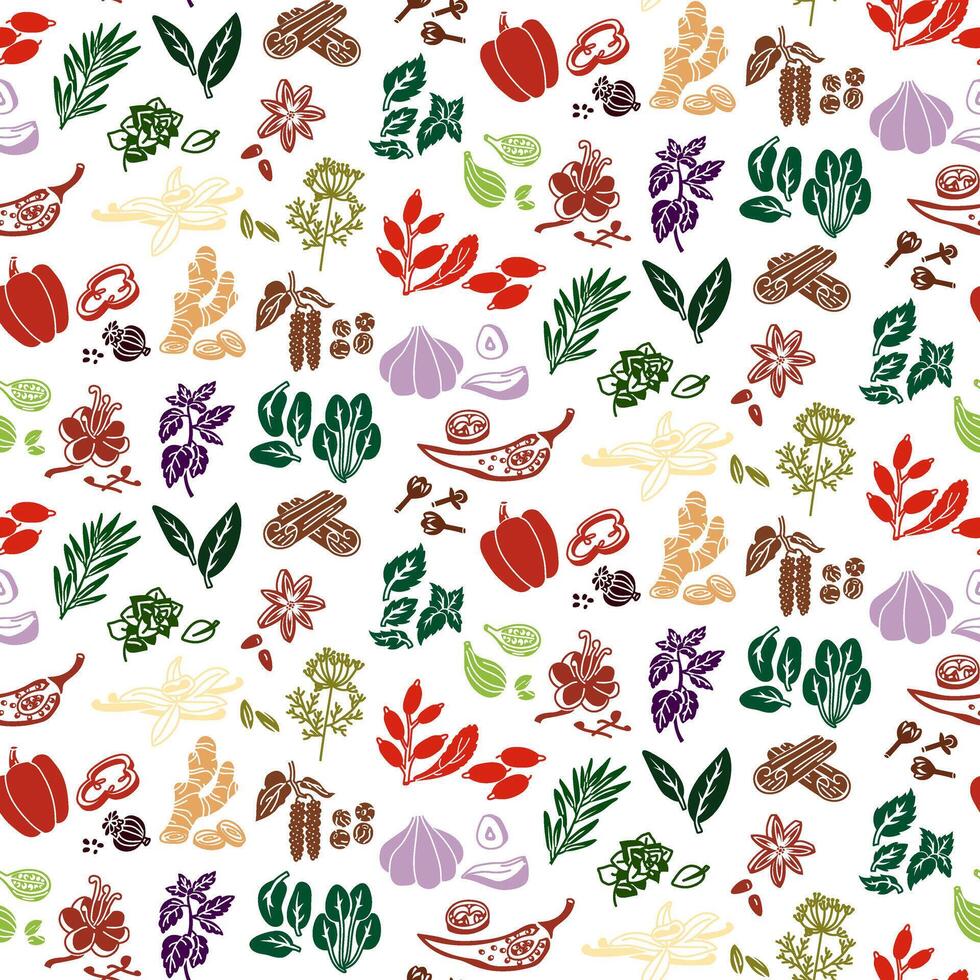 a pattern with herbs and spices in the form of colored silhouettes, whole and pieces on a white background. A variety of herbs, seeds, vegetables for different taste preferences. Kitchen texture vector
