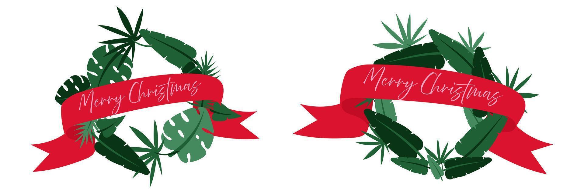 A set of tropical palm leaf wreaths for party invitations, posters. Flat exotic frame with ribbon. A collection of tropical motifs with the inscription Christmas. Winter holiday in the tropics, warm vector