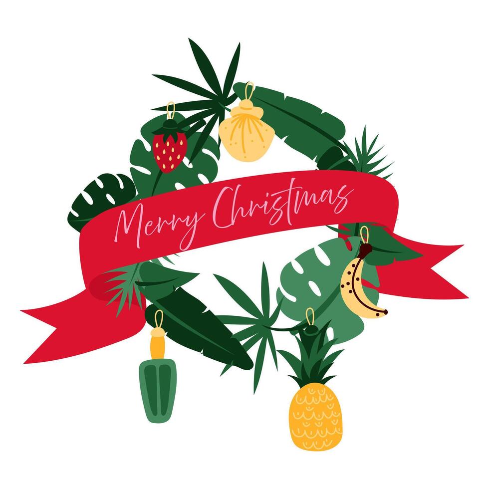 wreath of tropical palm leaves with a ribbon and tropical Christmas tree toys for party invitations, posters. Tropical toys. flat exotic frame with a Christmas ribbon. Winter holidays in the tropics vector