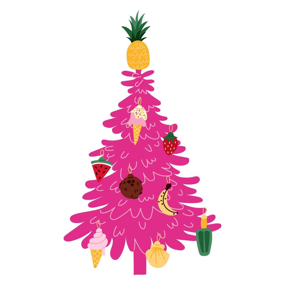 Artificial pink Christmas tree with tropical decorations. Seashells, fruits, ice cream, starfish are used as objects. Separate elements printed products for gifts and postcards. Celebrating Christmas vector