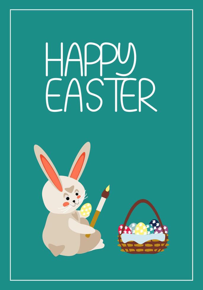 Easter bunny paints an egg with a brush - postcard vector
