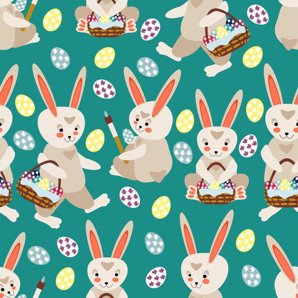 Easter bunnies with baskets of colorful eggs - seamless pattern-2 vector
