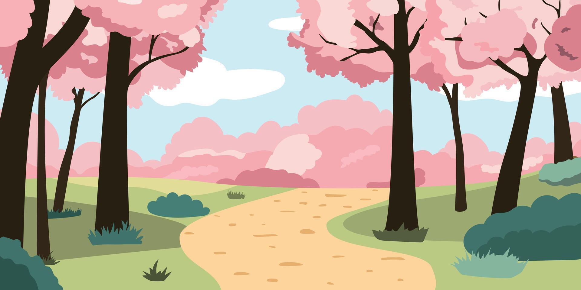 Spring cherry blossom forest landscape, blossoming sakura trees and bushes with a route. Cartoon illustration vector