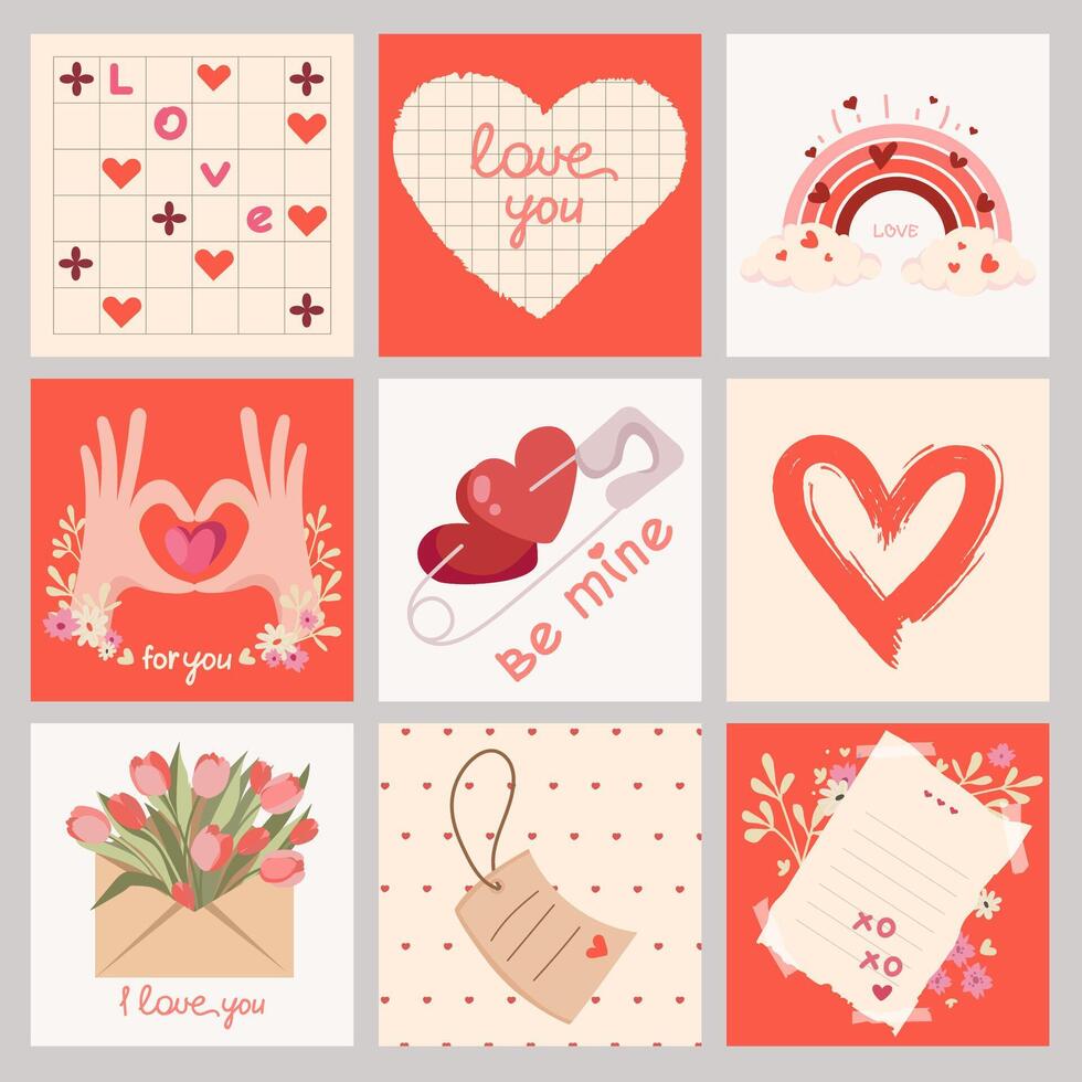 Valentine's Day Romantic card collection. Romantic backgrounds with design elements of hearts, flowers and romantic attributes. Valentine's Day icons, square backgrounds, elements. illustration vector