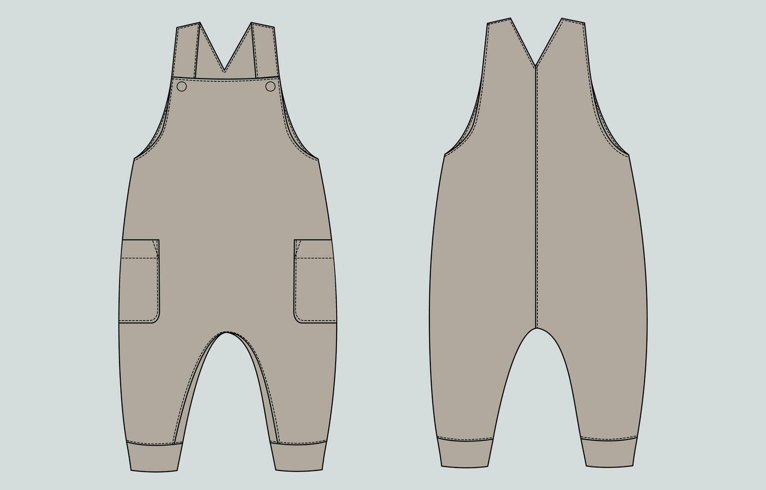 Dungaree bodysuit Khaki color template front and back vector