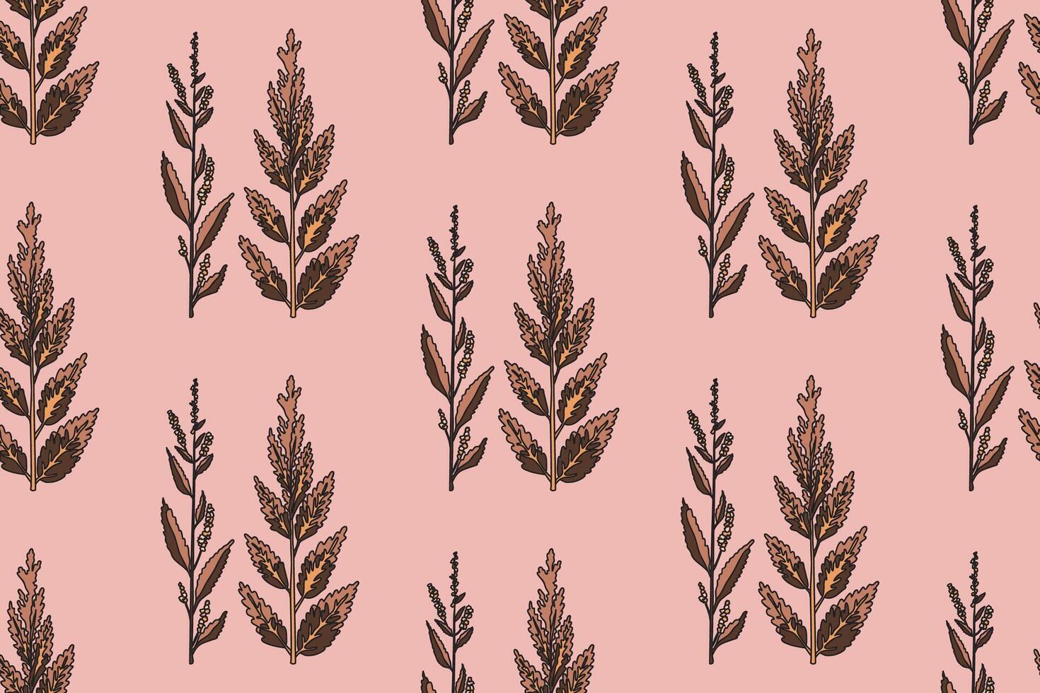Abstract botanical plants and flowers, seamless pattern illustration. Repeating floral print in pastel colors on pink background. Graphic design for Wedding invitation Cover Wrapping pack Textile vector
