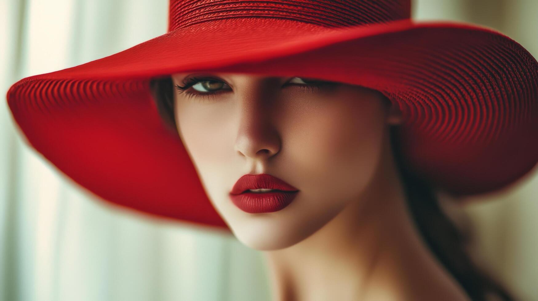 A striking woman in a vibrant red hat striking a confident pose indoors during golden hour photo
