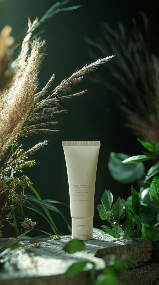 Elegant skincare tube surrounded by lush greenery and natural elements indoors at twilight photo
