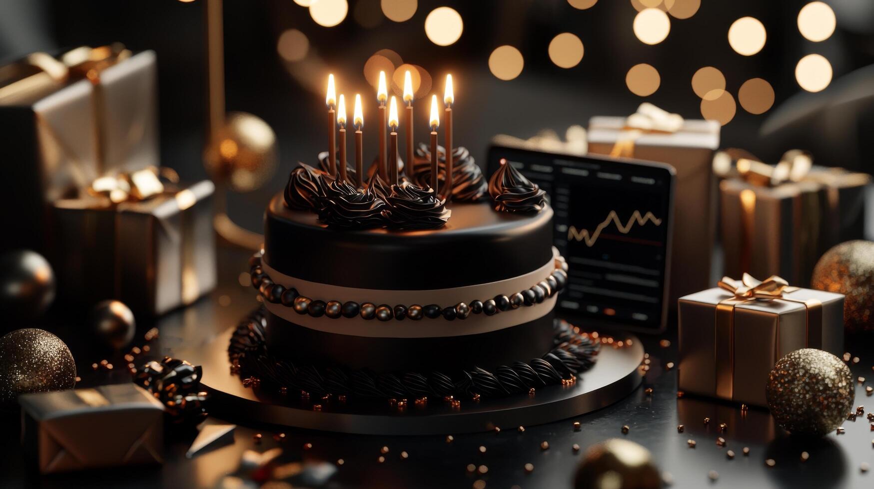 A festive celebration with a lavish chocolate cake and shimmering gift boxes in a cozy ambiance photo