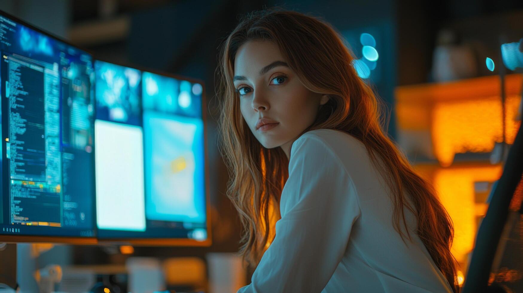 A thoughtful developer immersed in code amid a glowing workspace at night photo