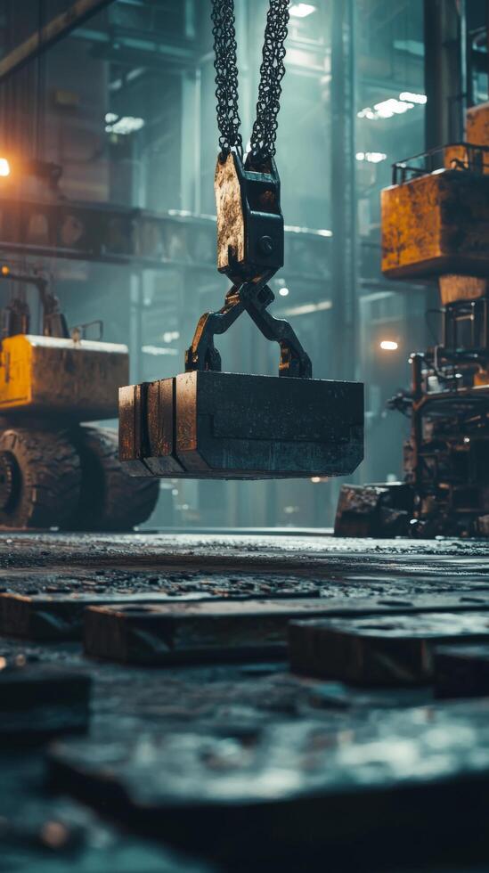 Industrial machinery lifting heavy blocks in a warehouse at night, showcasing dynamic operations photo