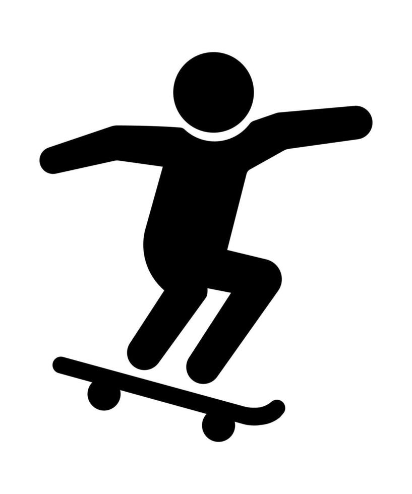 stickman silhouette of a man playing a skateboard. black icon. vector