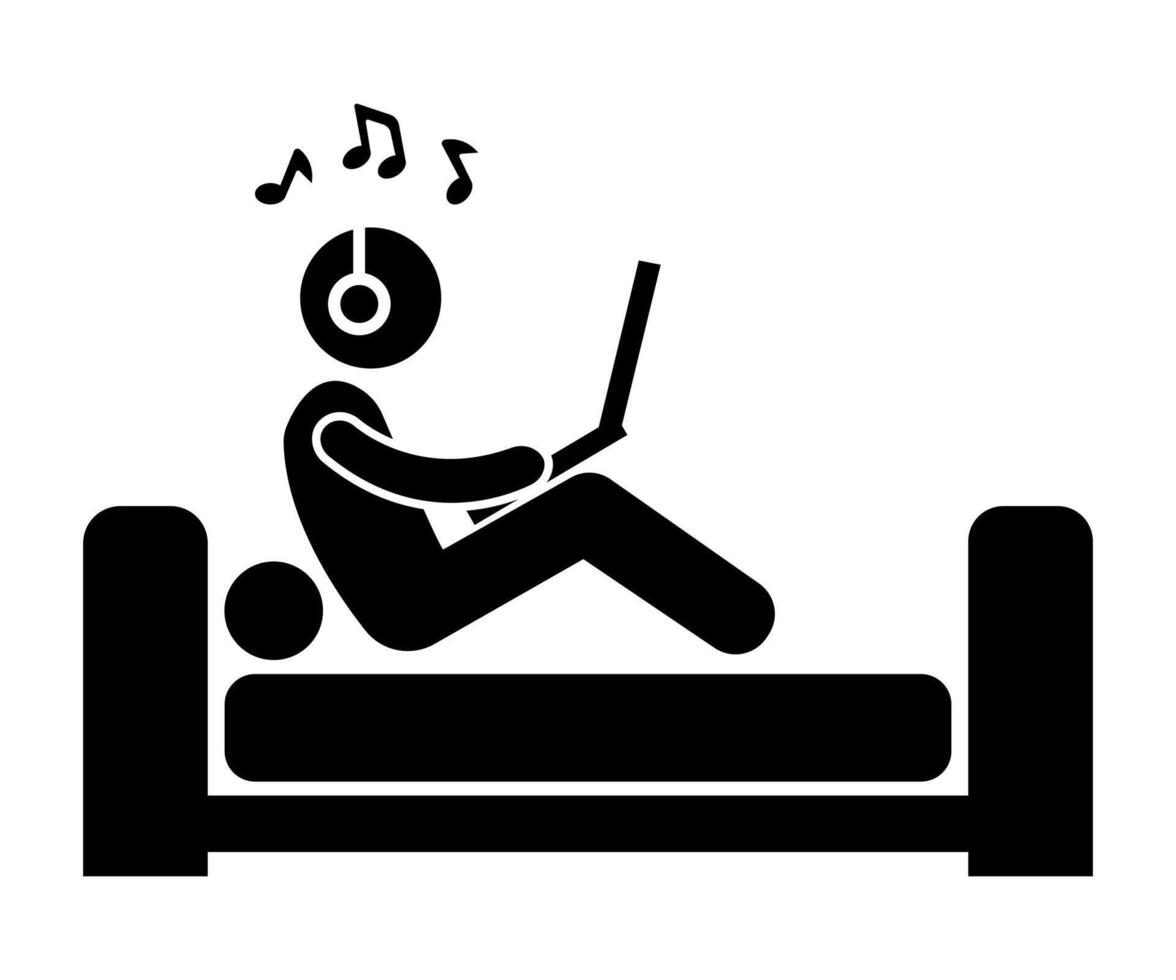 Stick man is listening to music in bed. vector