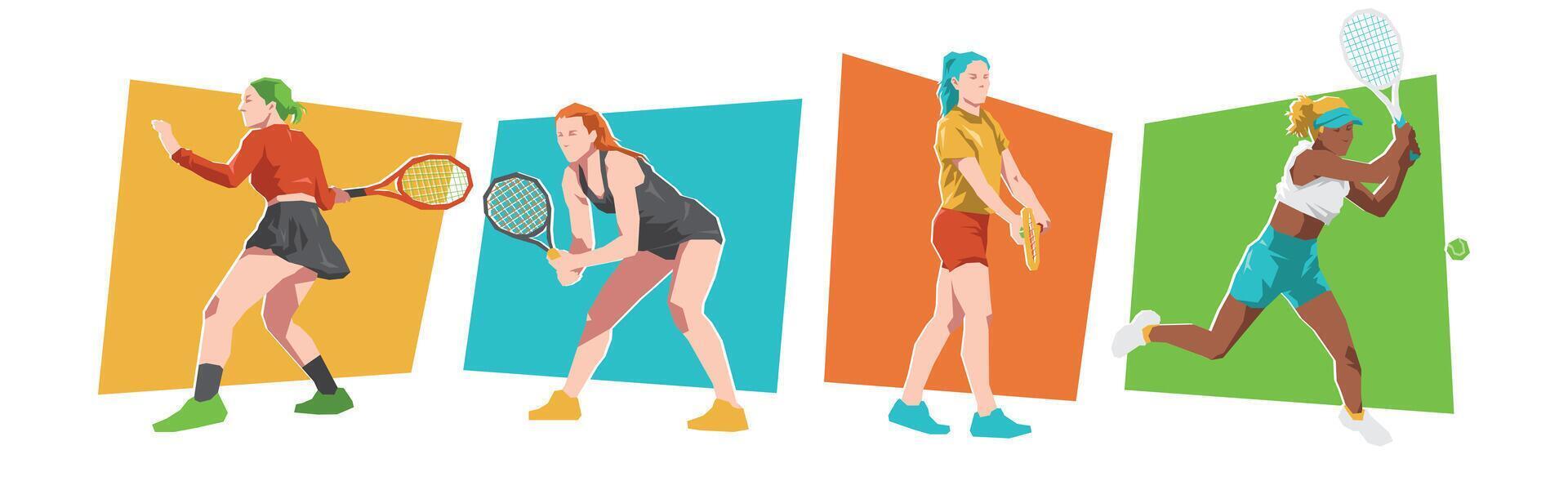 Set of female tennis player character with different poses. Isolated on white background. Flat illustration. vector