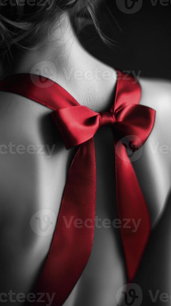A graceful red ribbon knot accentuates the elegance of a bare back in soft lighting photo