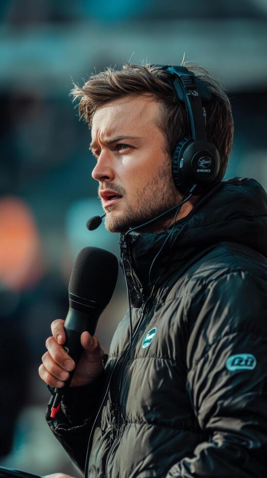 A young sports commentator enthusiastically engaging with fans at an outdoor event during sunset photo